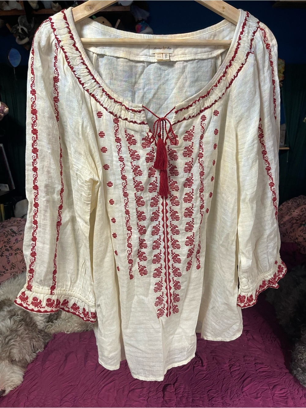 Meadow Rue Cream Tunic with Red Embroidery